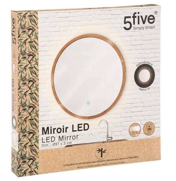 Καθρέφτης μπάνιου 5five με φωτισμό LED, μπασμουά πλαίσιο, Ø 57 cm