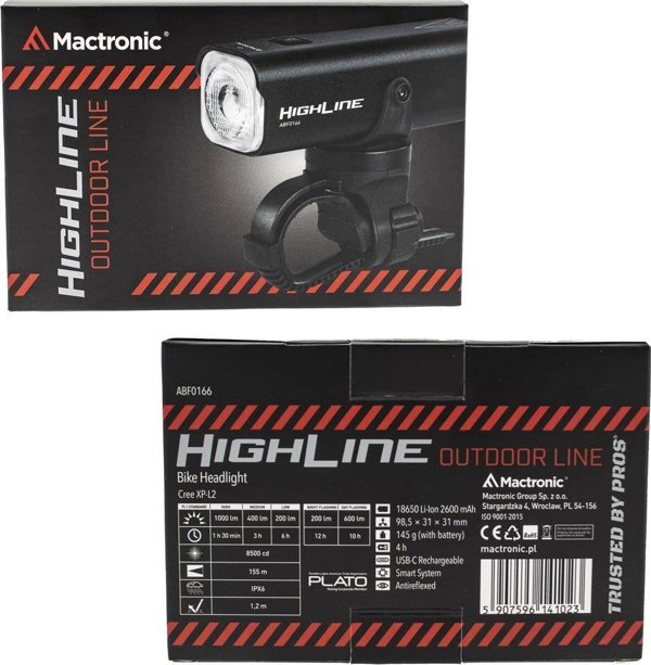 MacTronic Highline ABF0166 Επαναφορτιζόμενος Φακός Ποδηλάτου, 1000 lm, Εμπρόσθιος