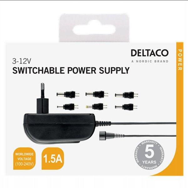 Maitinimo šaltinis DELTACO nuo 240 V iki 3-12 V, 1,5 A, 6 skirtingi antgaliai, juodas / PSR-15B