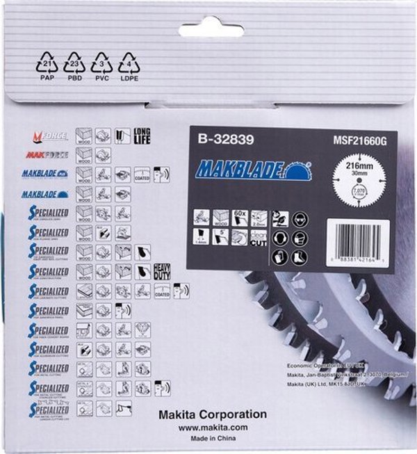 Makita MAKITA Δίσκος πριονιού 216x30x60δ MAKBLADE για ξύλο