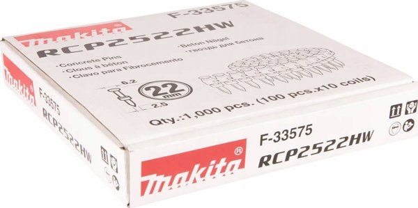 Makita Καρφιά Συνθετικά 0° 2,5x22mm, 1000 τεμ, για Μπετό, Σκληρυμένα