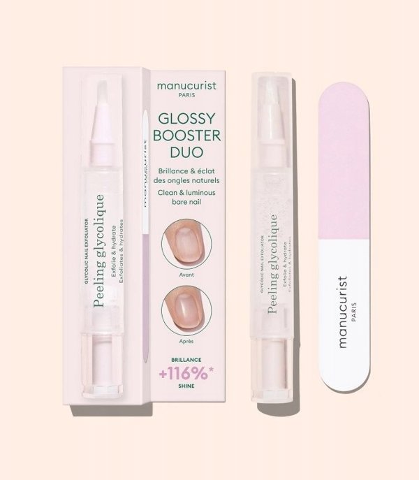 MANUCURIST_SET Glossy Booster Duo Peeling Pen peeling z kwasem glikolowym + Mini Nail Buffer tr jstronna polerka