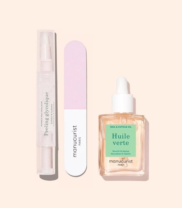 MANUCURIST_SET Glossy Booster Duo Peeling Pen peeling z kwasem glikolowym + Mini Nail Buffer tr jstronna polerka