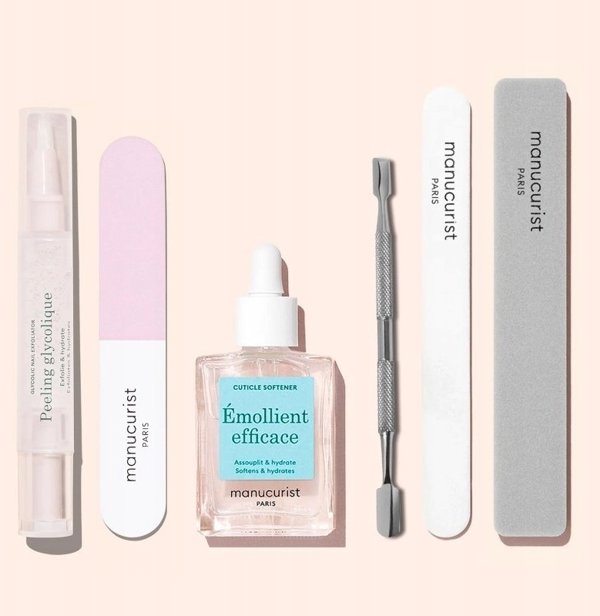 MANUCURIST_SET Glossy Booster Duo Peeling Pen peeling z kwasem glikolowym + Mini Nail Buffer tr jstronna polerka