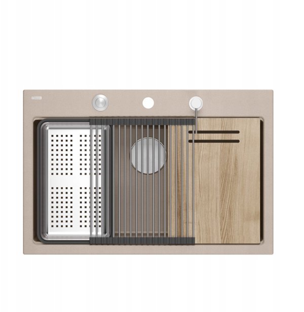 MARC 110 WORKSTATION GraniteQ νεροχύτης 1-θάλαμος 760*500*235 mm pearl beige + σιφόνι push to open + διανομέας ανοξείδωτο ατσάλι + ένθετο αποστράγγισης + Qmata + σανίδα/ μεταλλικά στοιχεία