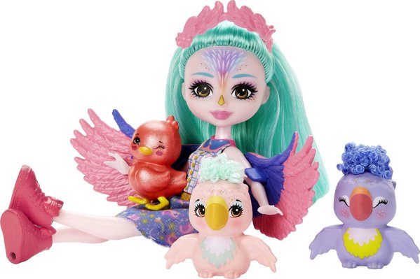 Mattel Enchantimals Rodzina Papugi Filia Finch Lalka + 3 figurki HKN15