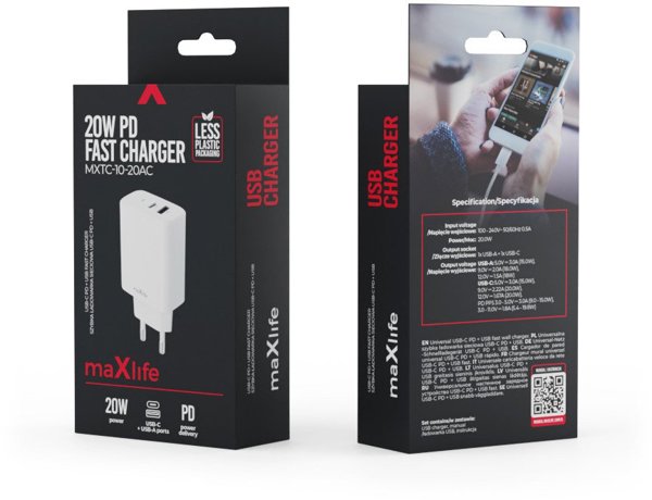 Maxlife MXTC-10-20AC PD QC charger 1x USB-C 1x USB 20W white 5907457789838