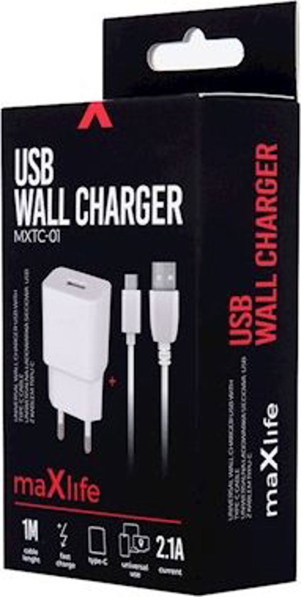 Φορτιστής Maxlife MXTC-01 1x USB 2.1A λευκός + καλώδιο USB-C 5900495758019
