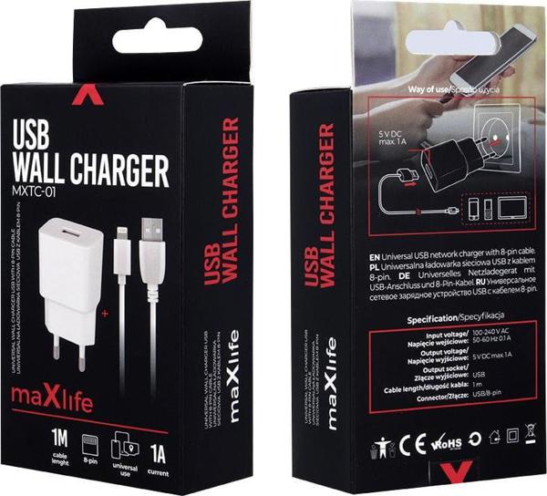 Φορτιστής Maxlife MXTC-01 1x USB 1A λευκός + καλώδιο Lightning 5900495758484
