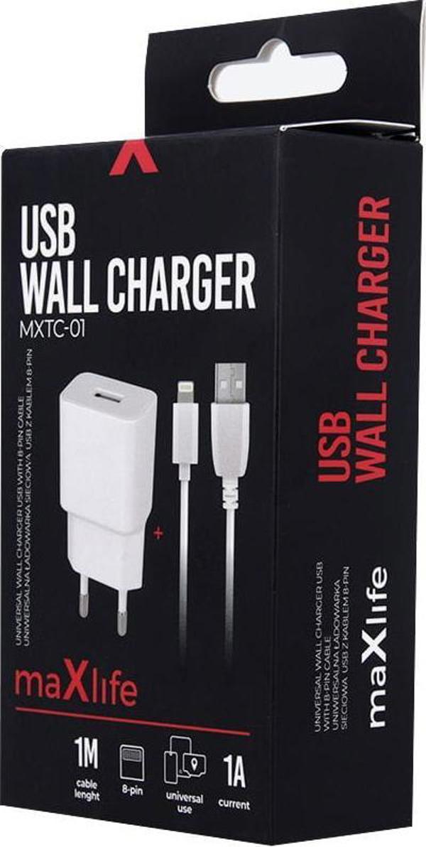 Φορτιστής Maxlife MXTC-01 1x USB 1A λευκός + καλώδιο Lightning 5900495758484