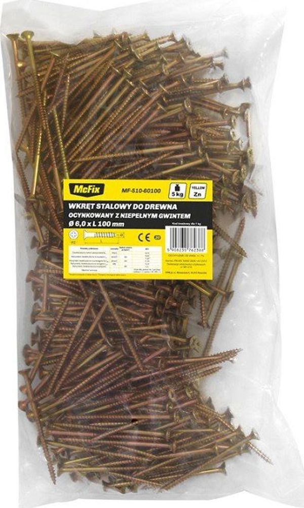 MCFIX Wkret do drewna ocynk zolty 6.0x130mm gwint niepeln