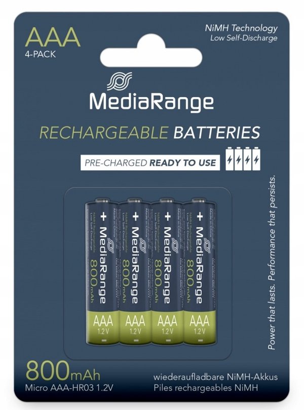 Επαναφορτιζόμενες Μπαταρίες MediaRange AAA NiMH 800mAh, 4 Τεμάχια
