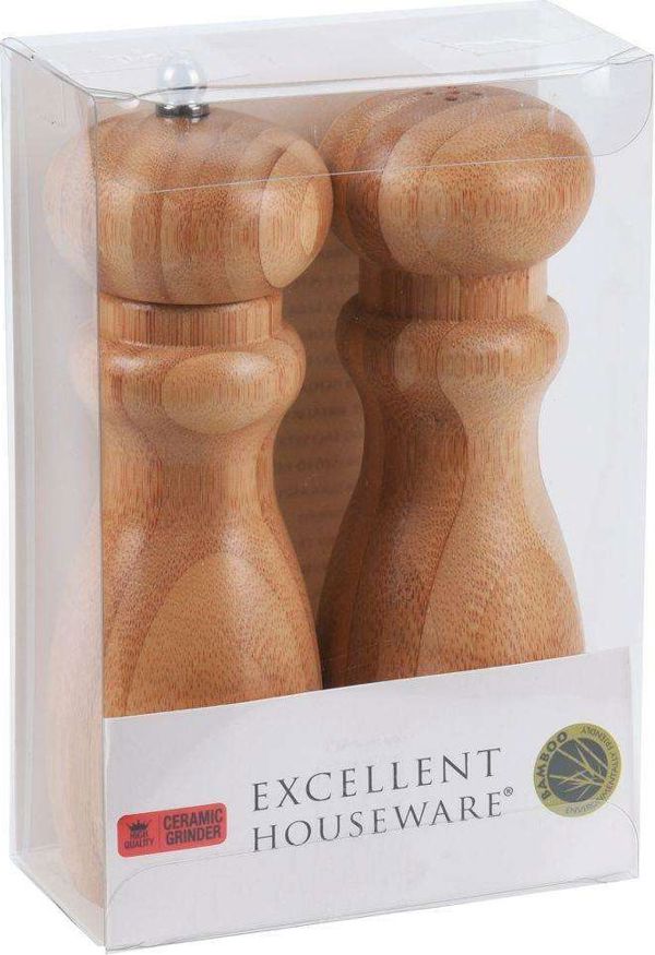 Excellent Houseware Σετ Μύλος Πιπεριού και Αλατιέρα από Μπαμπού με Κεραμικό Μηχανισμό