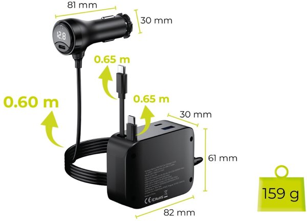 Mobile Origin 75W 5in1 Car Charger CA23 - 2x USB-C + USB-A Port, 2x USB-C Cable