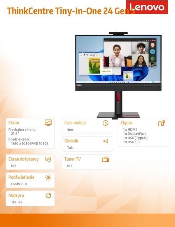 Lenovo ThinkCentre Tiny-in-One 24 Gen 5 Οθόνη 23.8'' IPS Full HD 16:9 12NAGAT1EU