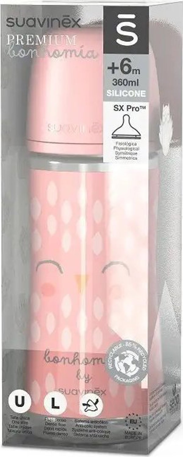Suavinex Μπιμπερό Bonhomia SX Pro 360ml με Θηλή Μεγάλης Ροής, Ροζ Κουκουβάγια