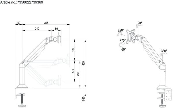 Multibrackets M VESA Gas Lift Arm Desk or Wall Basic Black, Clamp/Bolt-through, 10 kg, 38.1 cm (15"), 81.3 cm (32"), 100 x 100 mm, Black