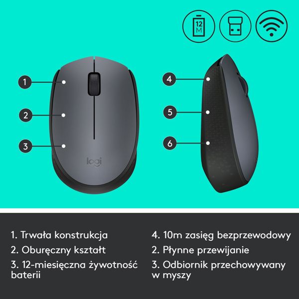 Logitech M170 Ασύρματο Ποντίκι 2.4GHz, Εμβέλεια 10m, Μαύρο-Γκρι (910-004642)