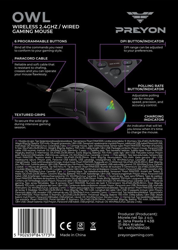 PREYON Owl Wireless Gaming Mouse - Ασύρματο Ποντίκι Gaming (POW35B)