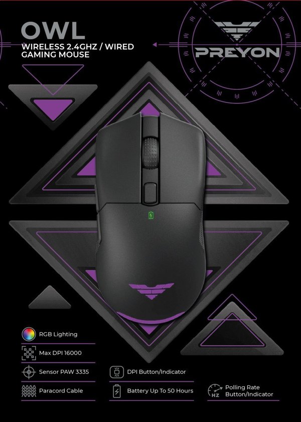 PREYON Owl Wireless Gaming Mouse - Ασύρματο Ποντίκι Gaming (POW35B)