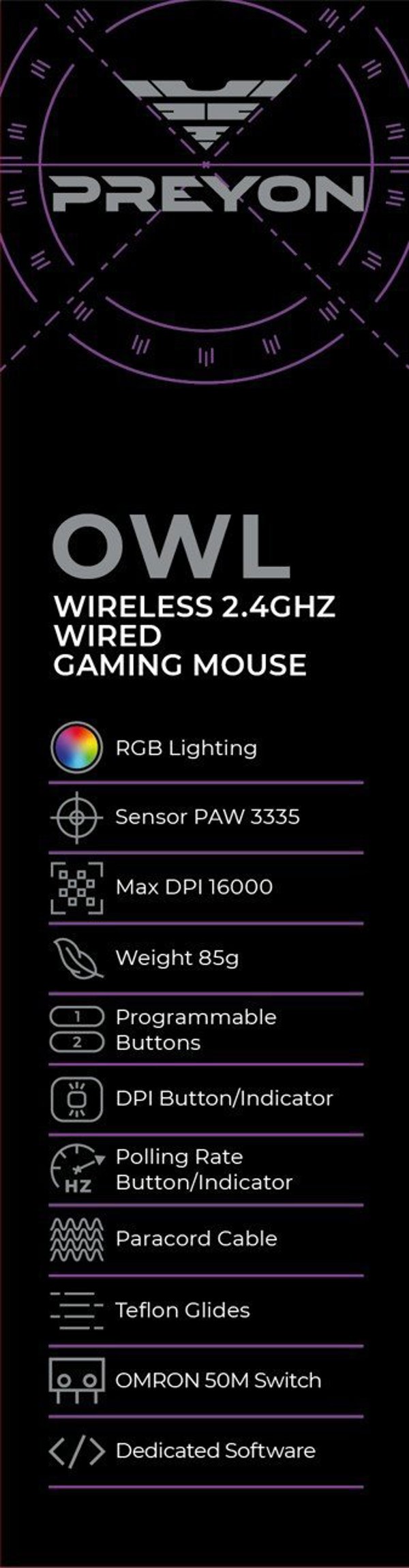 PREYON Owl Wireless Gaming Mouse - Ασύρματο Ποντίκι Gaming (POW35B)