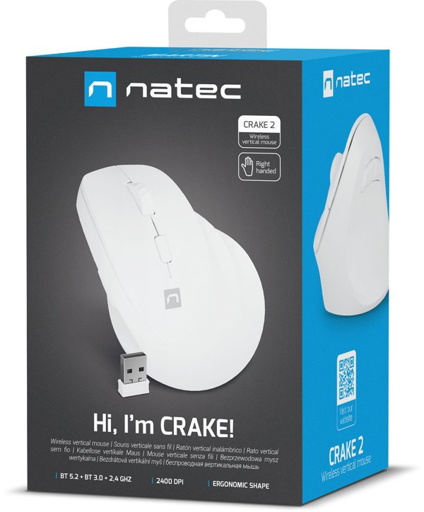 Natec Crake 2 Ασύρματο Κάθετο Ποντίκι BT 5.2 & 2.4GHz Λευκό