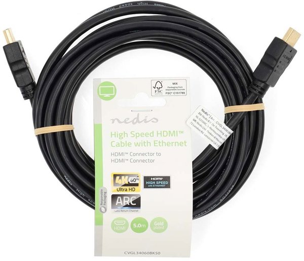 Καλώδιο HDMI Nedis CVGL34060BK50, 5 Μέτρα, HDMI Τύπου A (Standard), Μαύρο