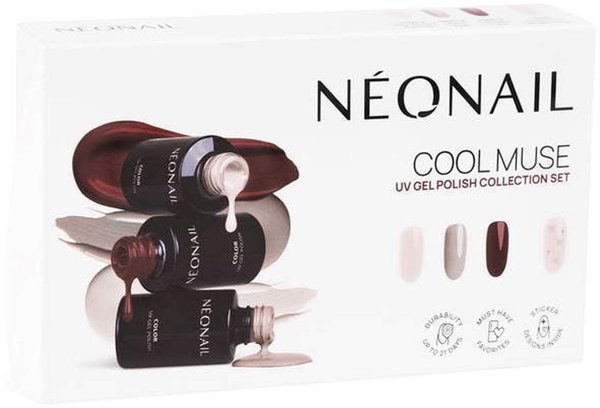 NEONAIL_SET Cool Muse Cranberry Charm lakier hybrydowy 3ml + Muted Taupe lakier hybrydowy 3ml + Days Without Pressure lakier hybrydowy 3ml + Metallic Silver naklejki do paznokci 1szt