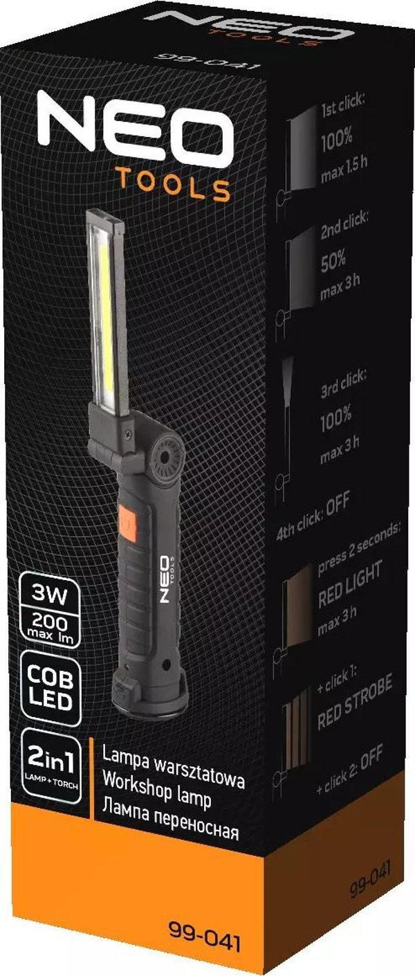 NEO Επαναφορτιζόμενος Φακός Εργαστηρίου COB 3W, 200 lm, 5 Λειτουργίες Φωτισμού (99-041)