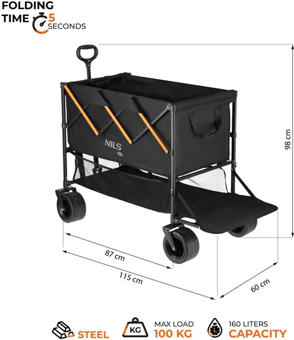 Nils Extreme NC2607 Τουριστικό Καρότσι Μεταφοράς XXL 160L, Μαύρο-Πορτοκαλί