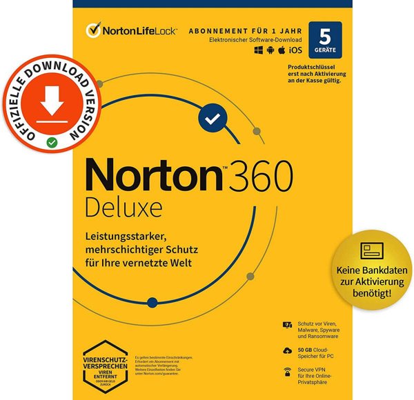 Norton 360 Deluxe - 50 GB Cloud-Speicher - 5 Devices, 1 Year (ABO) - ESD-DownloadESD