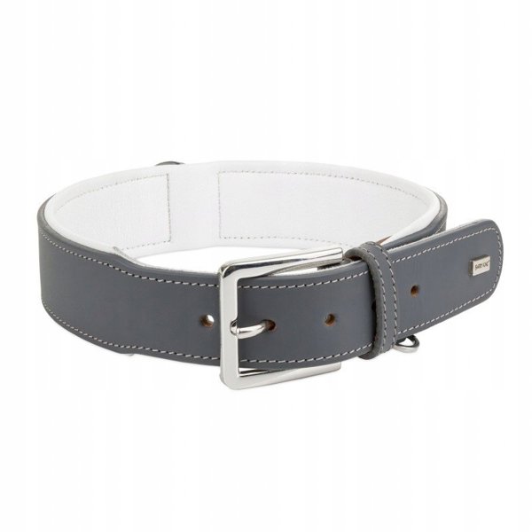 Δερμάτινο περιλαίμιο, μέγεθος M: 37-44 cm/34 mm, γκρι/λευκό