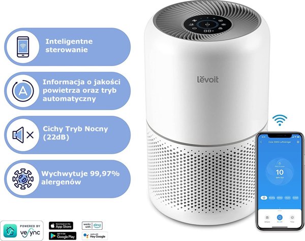Levoit Core 300S Καθαριστής Αέρα με Φίλτρο HEPA H13, 195 CADR, για Δωμάτια έως 41m², Λευκό