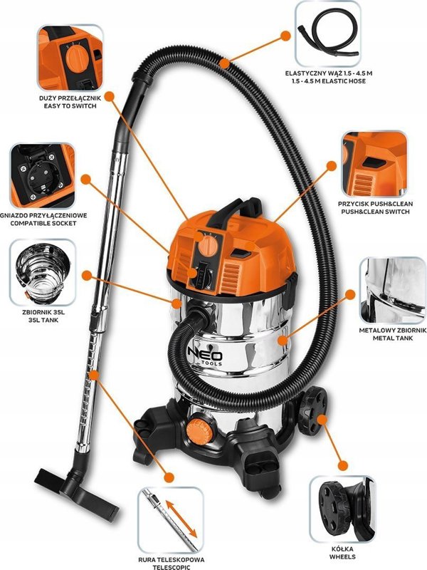 Βιομηχανική Σκούπα NEO TOOLS, Ηλεκτρική, 1200W, Με Κάδο 20L
