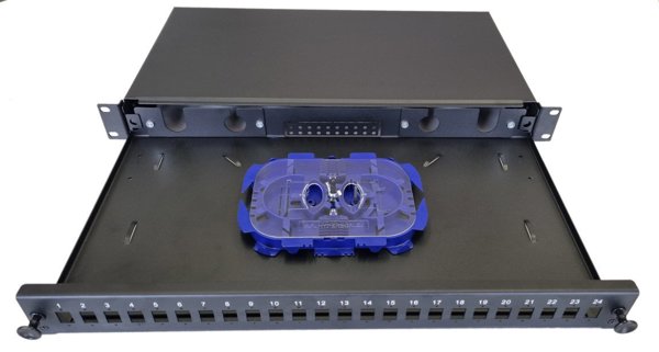 OEM Optická vana výsuvná 1U, 24x SC simplex (24x LC duplex, 24x E2000) s kazetou OPTRONIC pro 24 svárů, černá