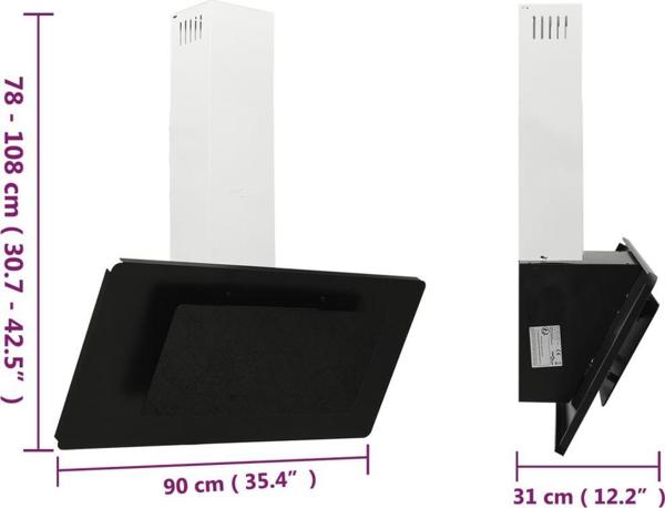 vidaXL Απορροφητήρας Κουζίνας, 90 cm, Ανοξείδωτο Ατσάλι και Σκληρυμένο Γυαλί, Μαύρος