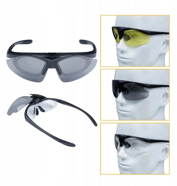 Okulary strzeleckie Wosport Black - 3 wymienne wizjery, pasek