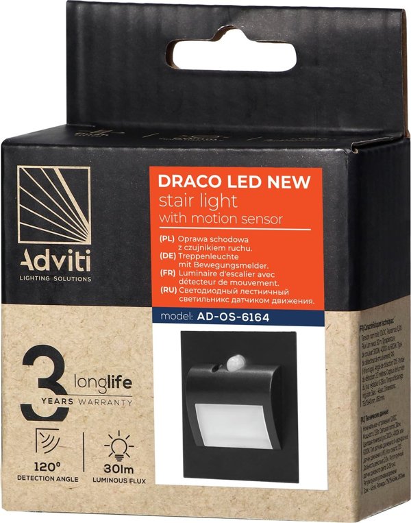 Φωτιστικό Σκάλας Orno Draco LED 1.5W 12VDC 30lm 6000K, Εντοιχισμένο με Αισθητήρα Κίνησης και Σούρουπου, Μαύρο AD-OS-6164LR6/B