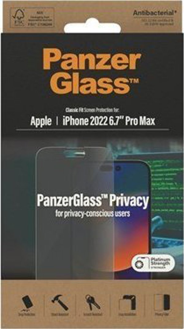 PanzerGlass Screen Protector Privacy Classic Fit για iPhone 14 Pro Max - Αντιβακτηριδιακό & Ανθεκτικό