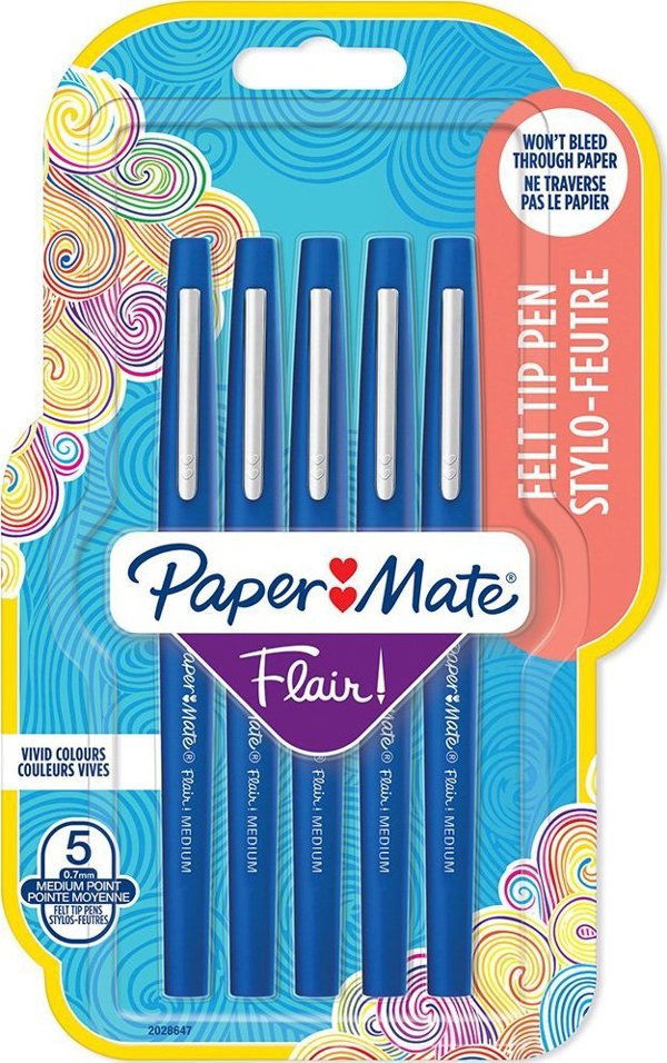 Paper Mate Flair Στυλό με Ίνες, Μέτρια Μύτη 0.7mm, Μπλε Χρώμα, 5 Τεμάχια
