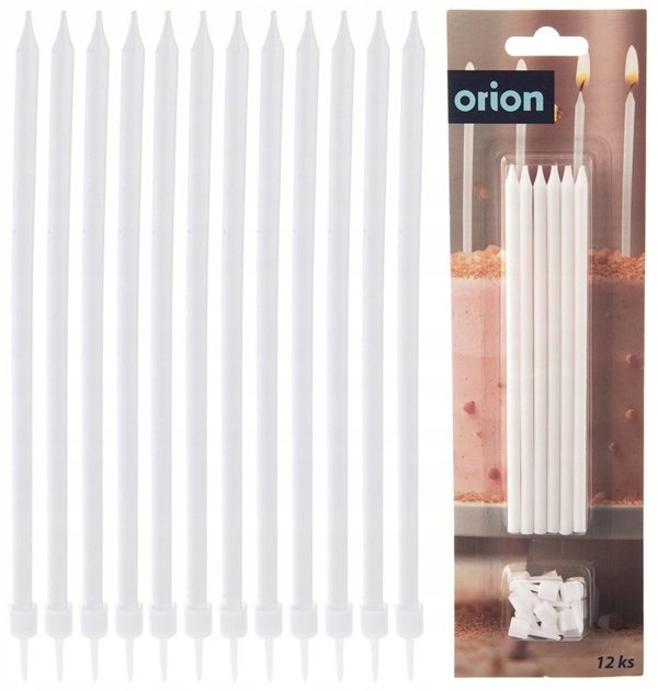 Κεριά για τούρτες Party Deco μακριά 12 τεμ. 14,5 cm ORION λευκά με βάσεις