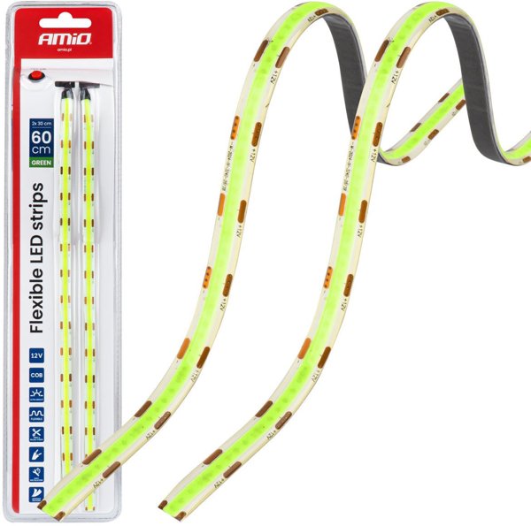 Paski led cob do samochodu zielone 2x30cm 12v amio-04573