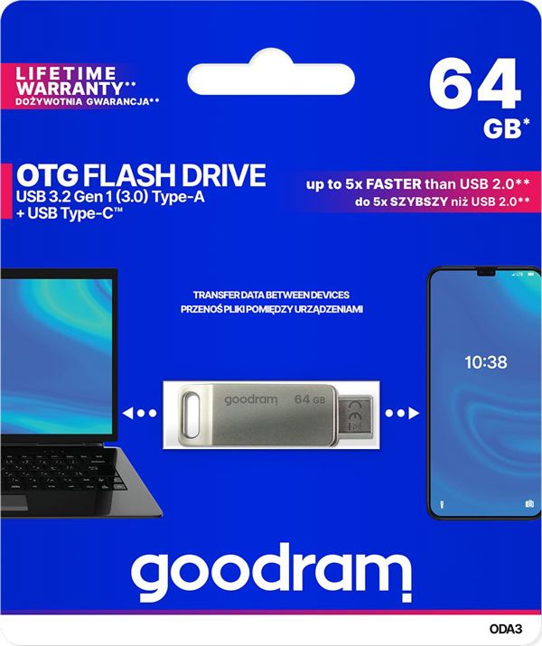 GoodRam ODA3 USB Flash Drive 64GB, USB 3.2 Type-A & Type-C, Ασημί