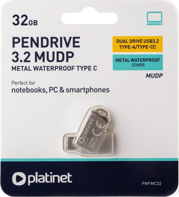 Pendrive Platinet PLATINET PENDRIVE USB 3.2 + USB-C 32GB METAL UDP ΑΔΙΑΒΡΟΧΟ [45970]