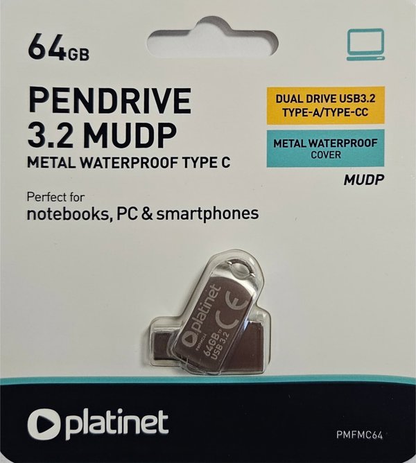 Pendrive Platinet PLATINET PENDRIVE USB 3.2 + USB-C 64GB METAL UDP ΑΔΙΑΒΡΟΧΟ [45971]