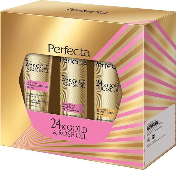 Perfecta 24K Gold & Rose Oil Σετ Περιποίησης Προσώπου: Απολέπιση 75g, Τονωτική Λοσιόν 200ml & Γαλάκτωμα Καθαρισμού 200ml