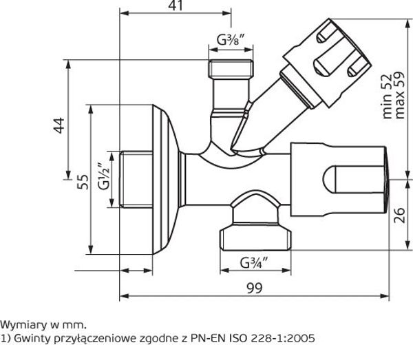 Perfexim Γωνιακή Βαλβίδα Συνδυασμού 1/2"x3/8"x3/4" για Βρύση και Πλυντήριο PN10