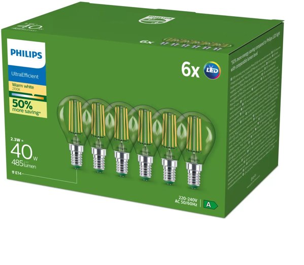 Philips LED Λάμπα Ultra Efficient E14 P45 2.1W (40W) 2700K Θερμό Φως - Σετ 6 Τεμάχια