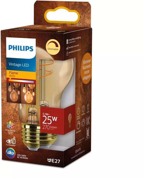 Philips - LED-glödlampa med filament - form: A60 - E27 - 3.1 W (motsvarande 25 W) - flamljus - 1800 K - bärnsten