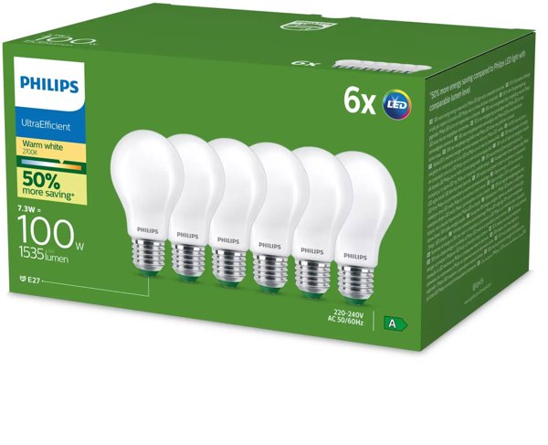 Philips Ultra Efficient LED Λάμπα E27 A60, 7.3W (Αντιστοιχία 100W), 2700K Θερμό Φως, Σετ 6 Τεμαχίων